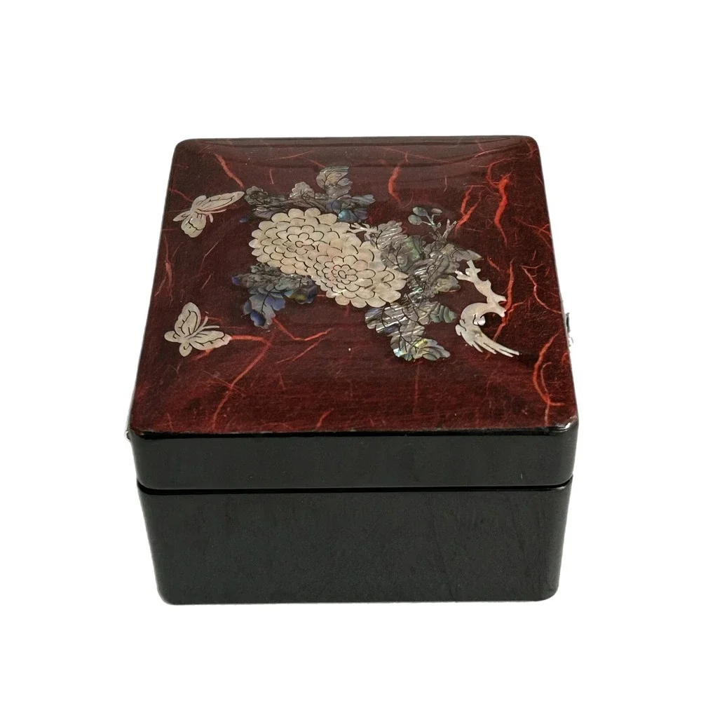 Trinket Box Lacquer Wooden Box Mother of Pearl Inlay Asian Mirror Turtle Latch - Picture 4 of 13